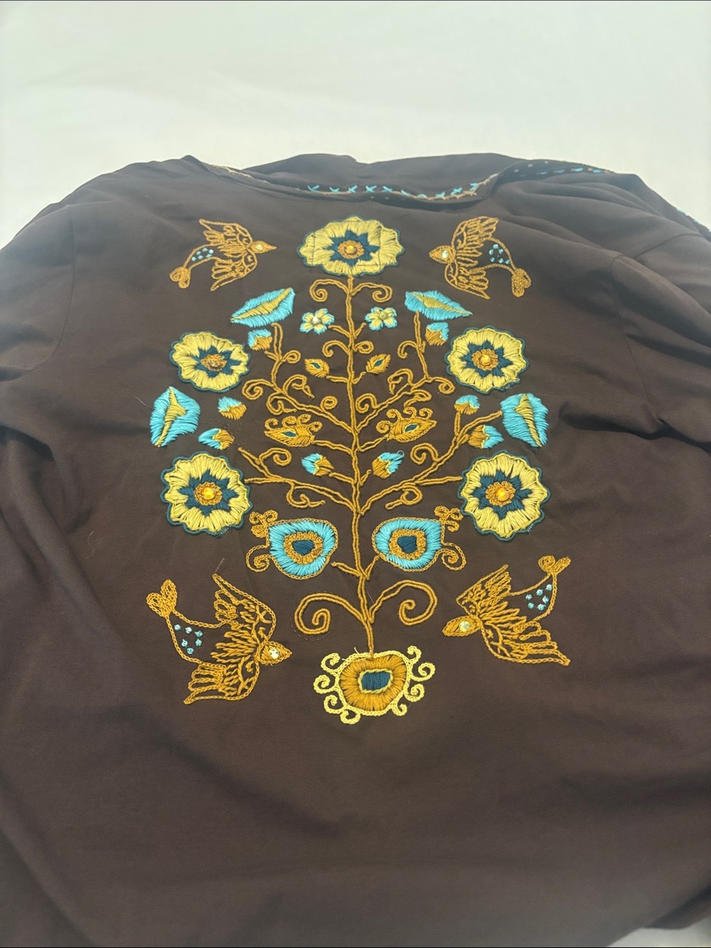Double D Ranch Brown Cardigan SZ S/M w/Yellow-Gold and Turquoise Embroidery - Picture 8 of 10